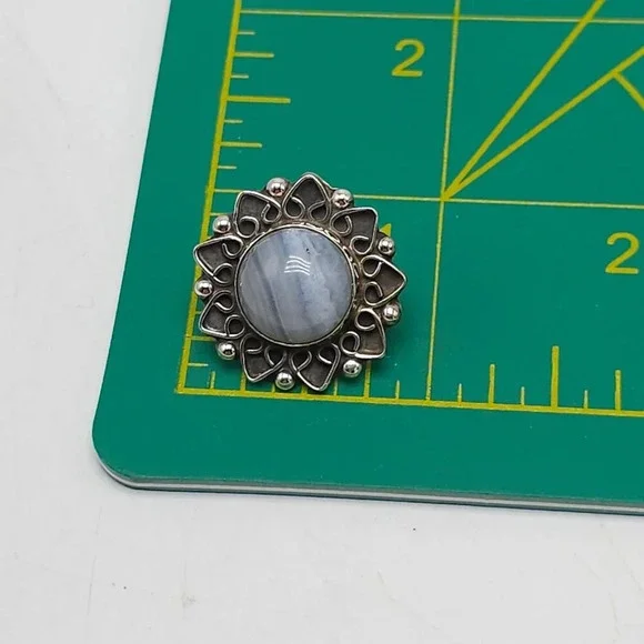 Vintage Sterling Silver CII Mexico Blue Lace Agate Sun Burst Earrings - Picture 6 of 6